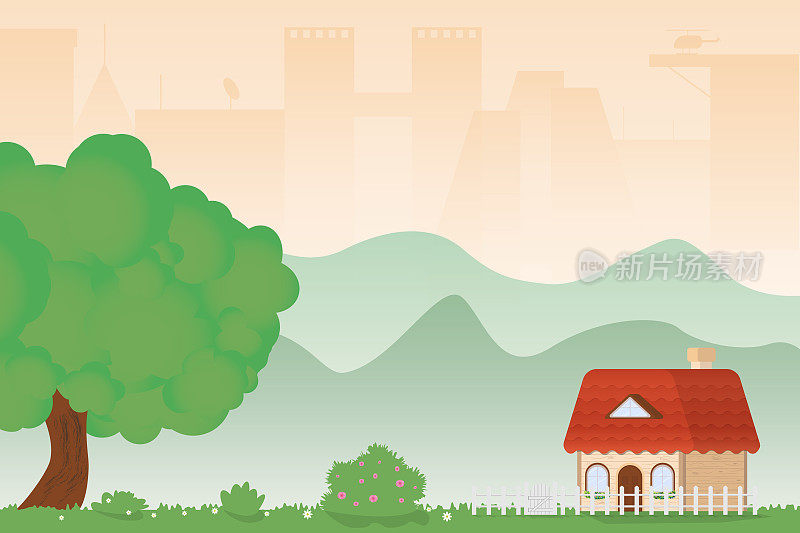 Country house standing on a green lawn next to a large green oak tree near the city. Flat illustration of a house, lawn, forest and city outline.
